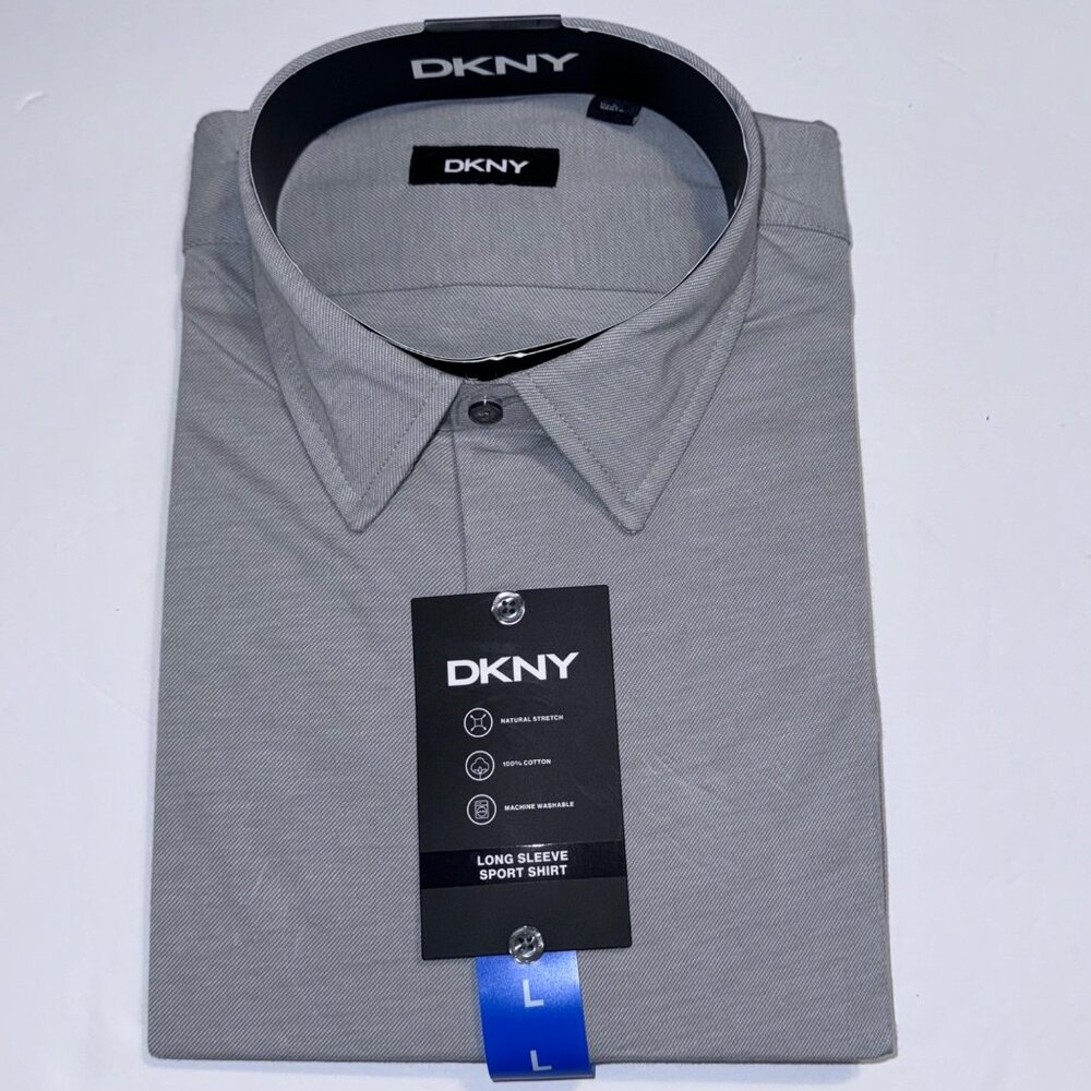 DKNY Long Sleeve Shirt Large Light Gray Natural Stretch Mens Apparel Office Work